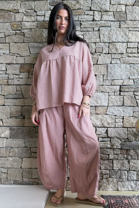 Arbi Gingham Peasant Smock Blouse Indian Red